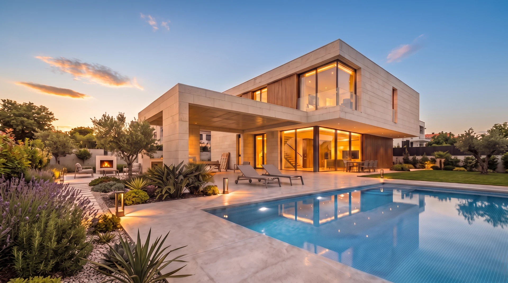 The finished villa at dusk, with lit glass walls, a pool and a planted garden